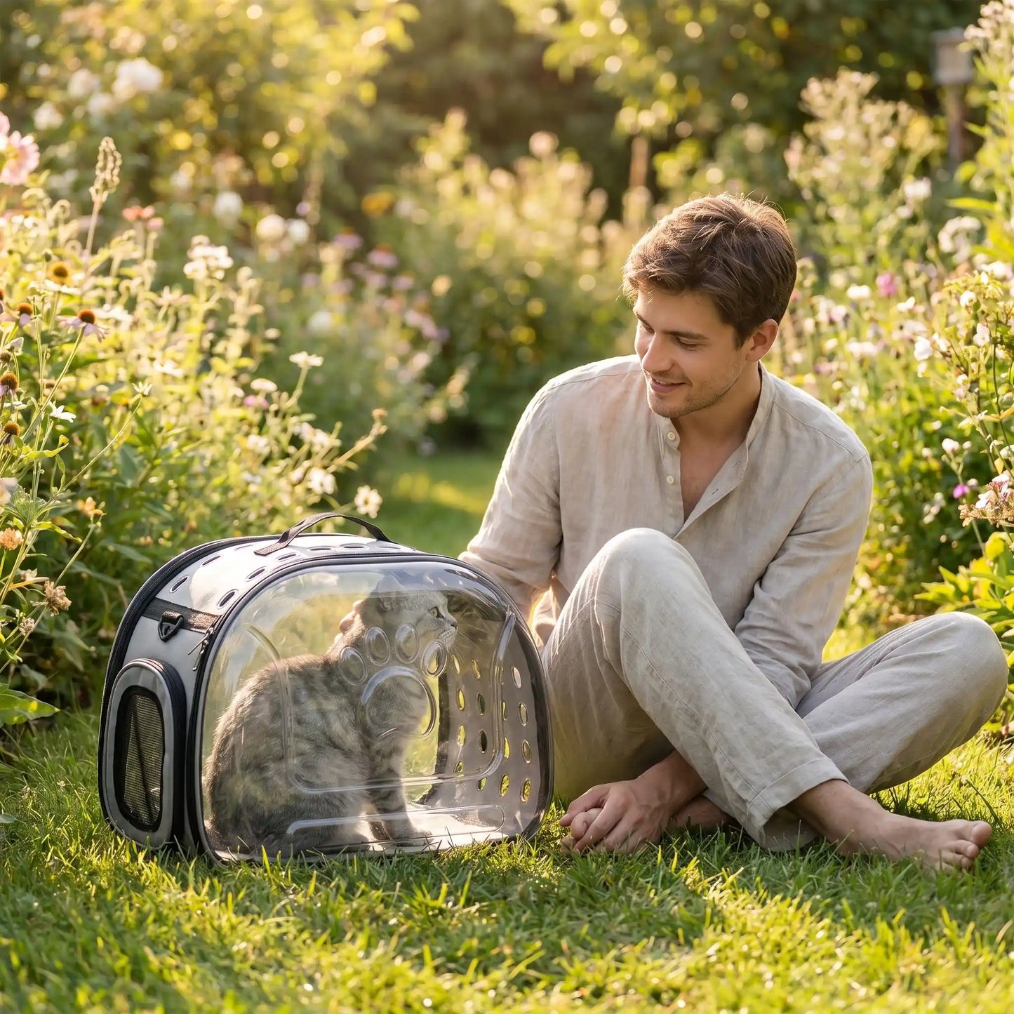 sac de transport pour chat gris jardin homme.
