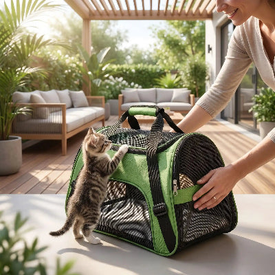 sac de transport pour chaton vert chaton curieux grimpe terrasse

