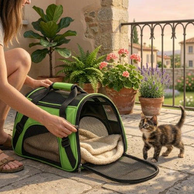sac de transport pour chaton vert chaton sort femme sur balcon

