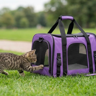 sac de transport pour chaton violet chaton assis dans l'herbe
