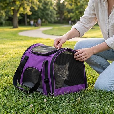 sac de transport pour chaton violet sur de l'herbe