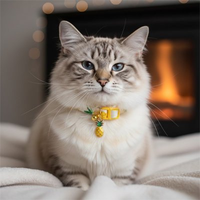 Un chat à l'élégant collier chat ananas et à la cheminée