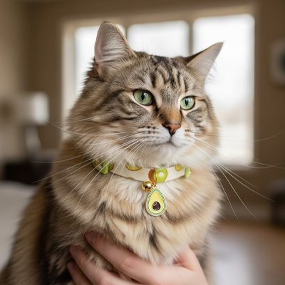 Un chat au collier imprimé avocat et clochette 