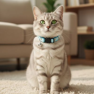 un chat avec un collier pour chat bleu clair assis sur un tapis.