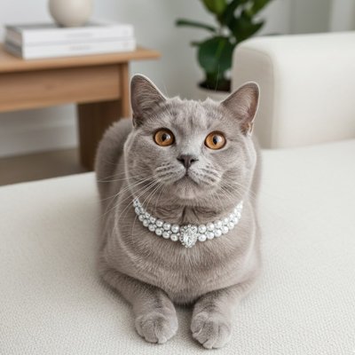 Un chat British Shorthair élégant avec un collier chat de perles