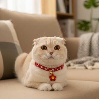 un chat de couleur crème aux yeux oranges avec un collier rouge. 