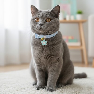 Un chat gris aux yeux oranges avec un collier chat bleu 