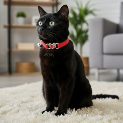 un chat noir élégant avec collier chat rouge cœur regard attentif et curieux assise au salon sur un tapis.