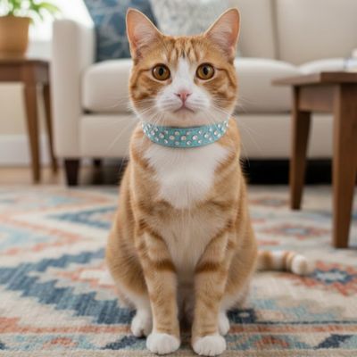 un chat portant le collier pour chat bleu, assis sur un tapis de salon