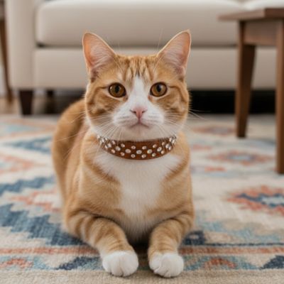 un chat portant le collier pour chat marron tranquillement couché sur un tapis dans un salon.