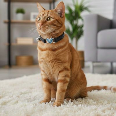 un chat roux élégant avec collier chat noir cœur regard attentif et curieux assise au salon sur un tapis