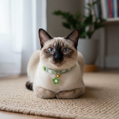 Un chat siamois aux yeux bleus portant un collier vert.