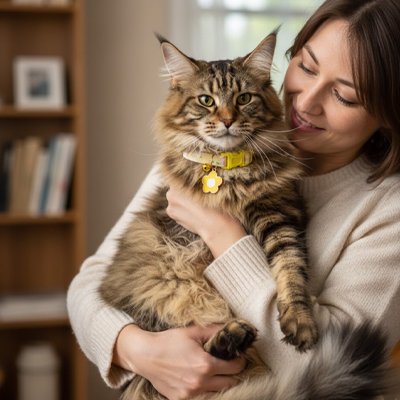 Une femme heureuse tient un chat à collier jaune fleur